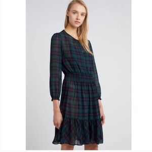J. Crew Black and Green Irish Glendale Plaid Long Sleeve Chiffon Dress Sz Med